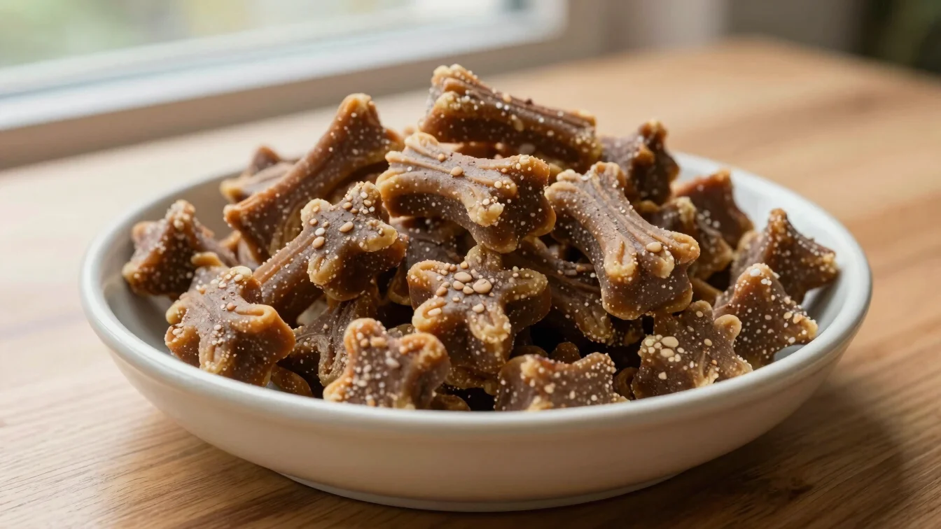 Detailed close up of healthy dog treats in an organic ceramic bowl on an oak table in soft window daylight