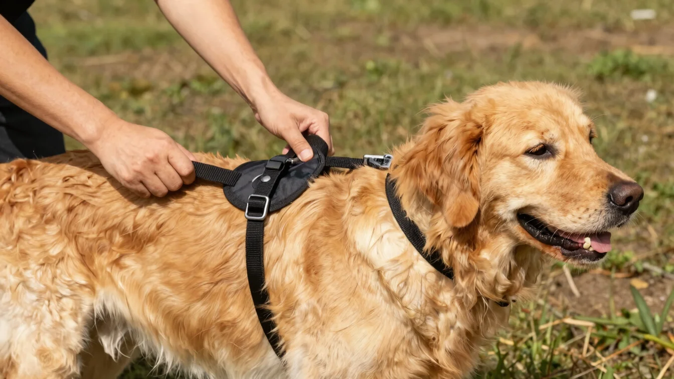 Hands holding a durable nylon dog harness on an active golden retriever outdoors in warm natural daylight