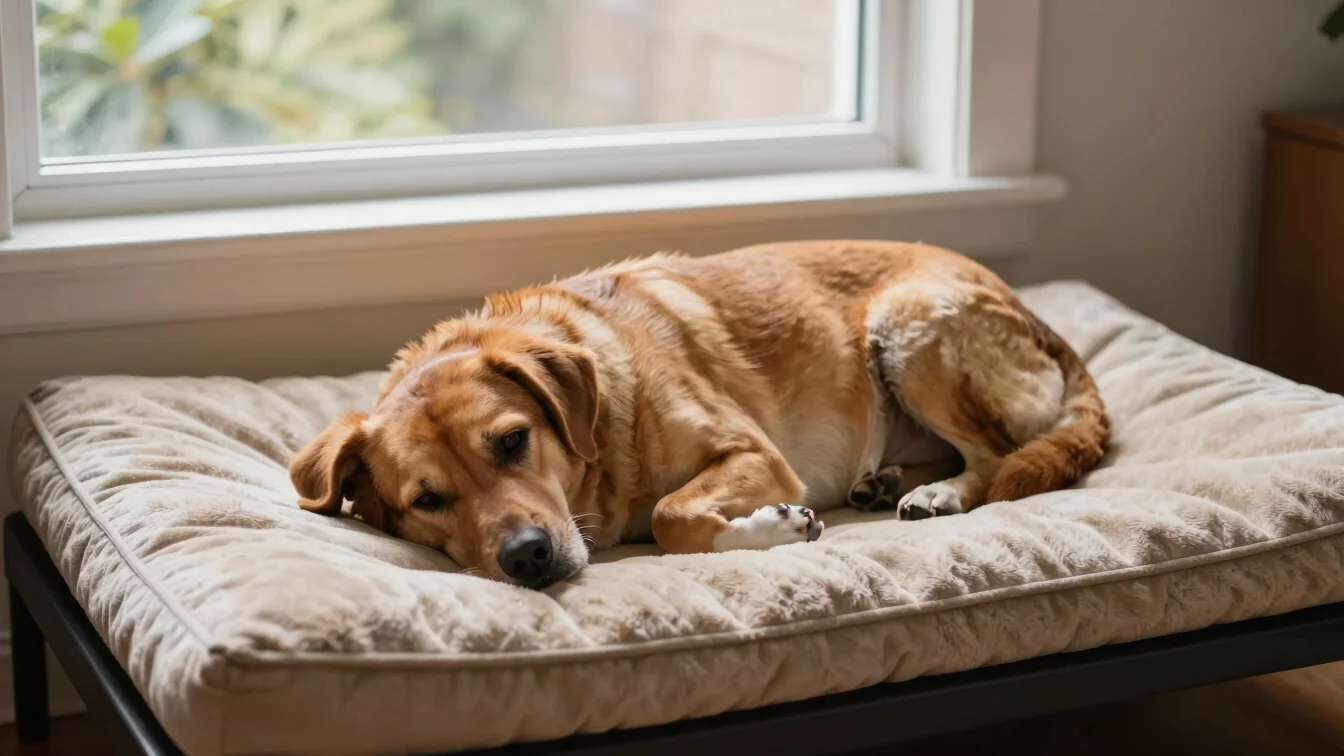 Calm dog resting on a beige plush orthopedic bed near a sunny window in a clean home environment