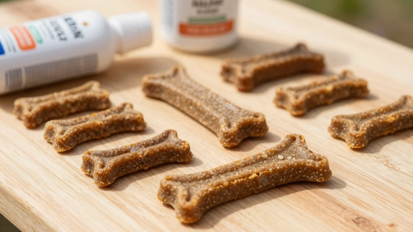 Close-up of healthy dog treats and grooming items laid out on a clean natural wooden surface