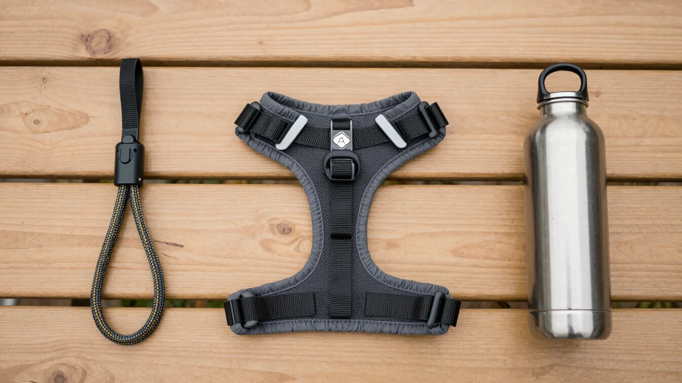 Overhead flat lay of durable dog harness, climbing rope leash, and stainless water bottle on light wood background