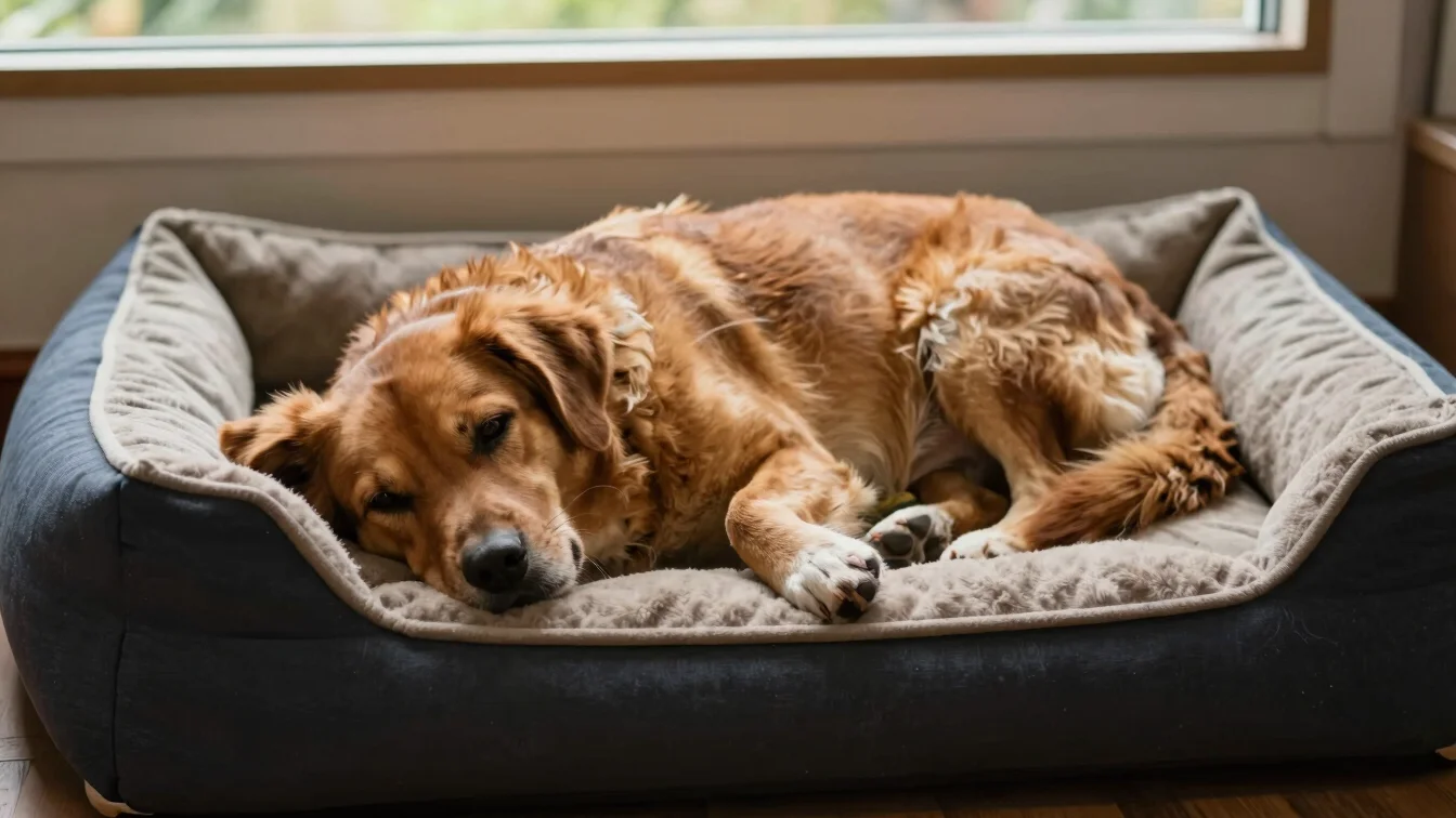 Candid moment of a relaxed dog resting comfortably on a cushioned dog bed in a warm natural daylight room
