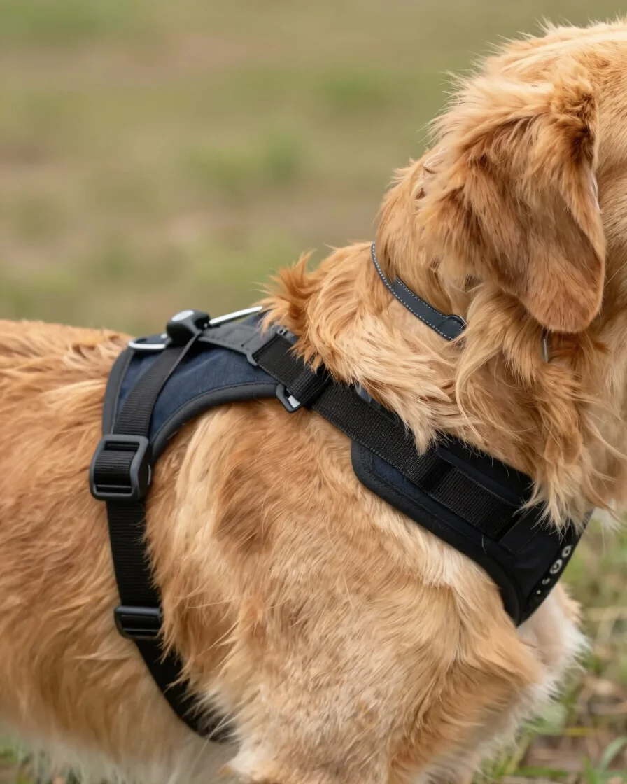 Close-up of a golden retriever's paw resting on a durable dog harness, natural outdoor daylight, rich organic tones, sha