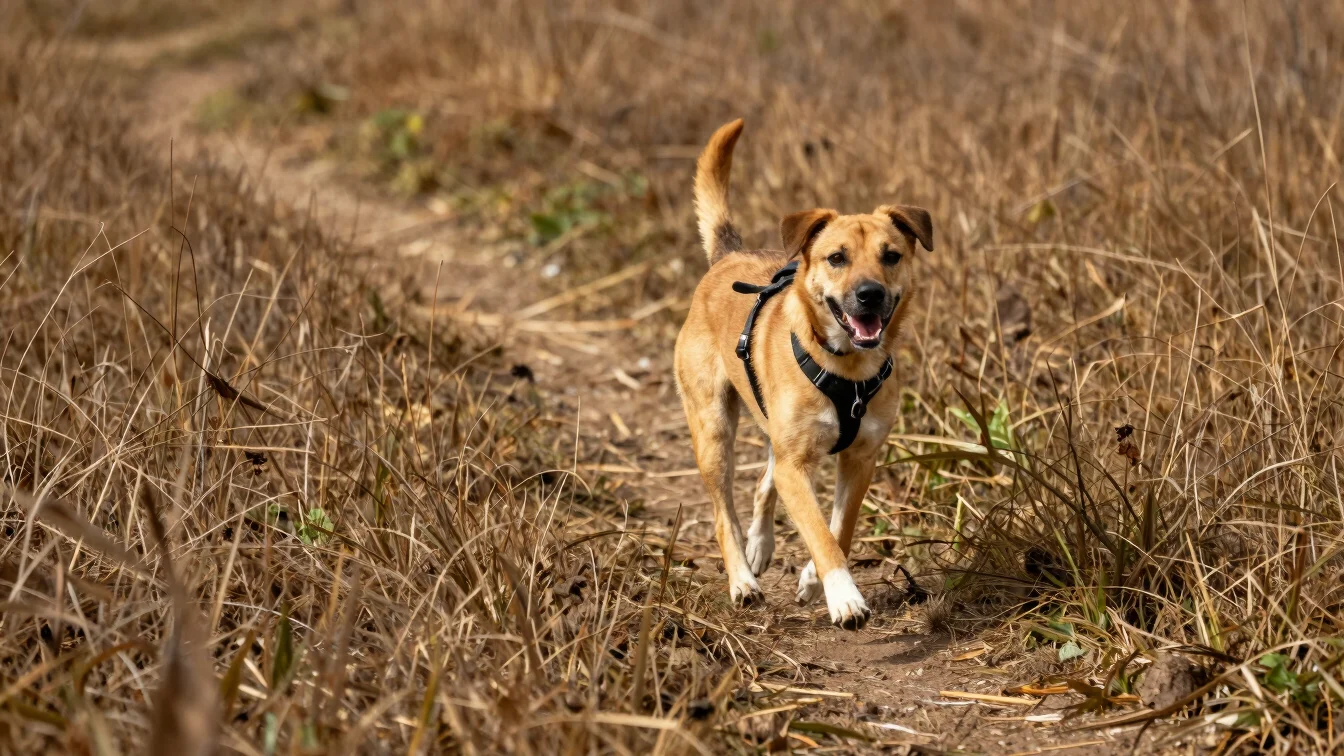 A sturdy dog harness being worn by a medium-sized dog running on