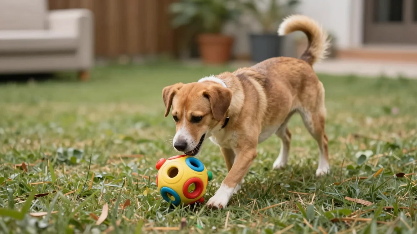 A dog happily playing with a durable puzzle toy in a natural home