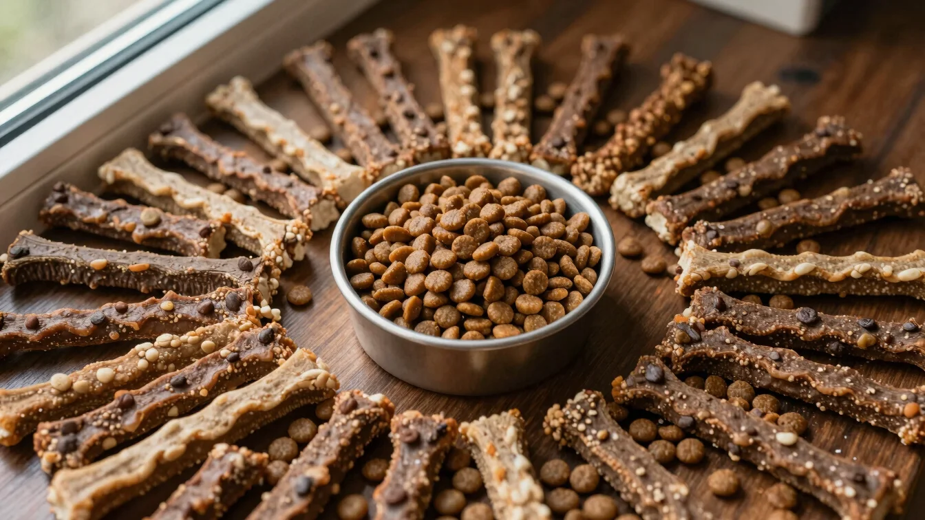 Overhead flat-lay of healthy dog treats and a small bowl of kibbl