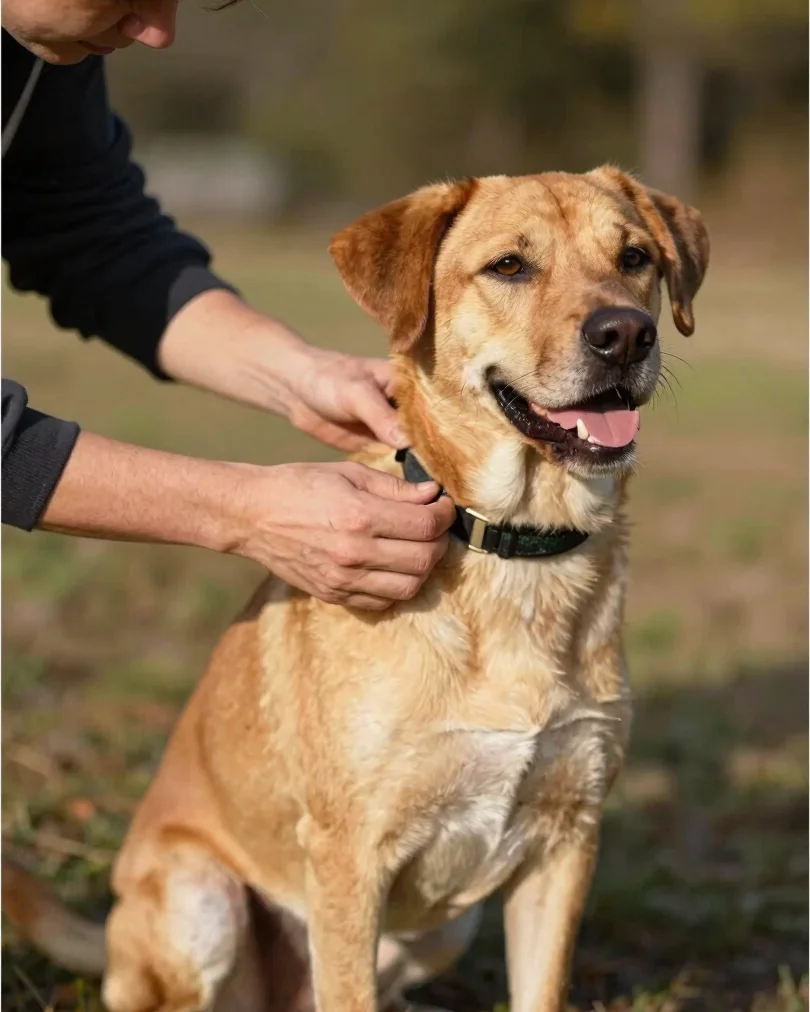 A dog owner adjusting a collar on a happy dog, set against a blurred natural outdoor background, warm outdoor sunlight,