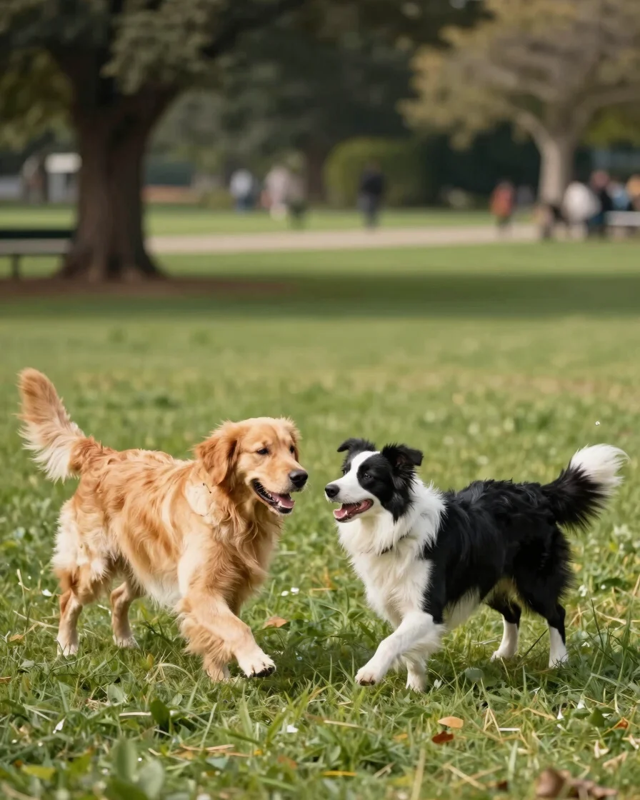 A golden retriever and a border collie playing fetch in a sunlit park, natural outdoor daylight, rich organic tones, sha