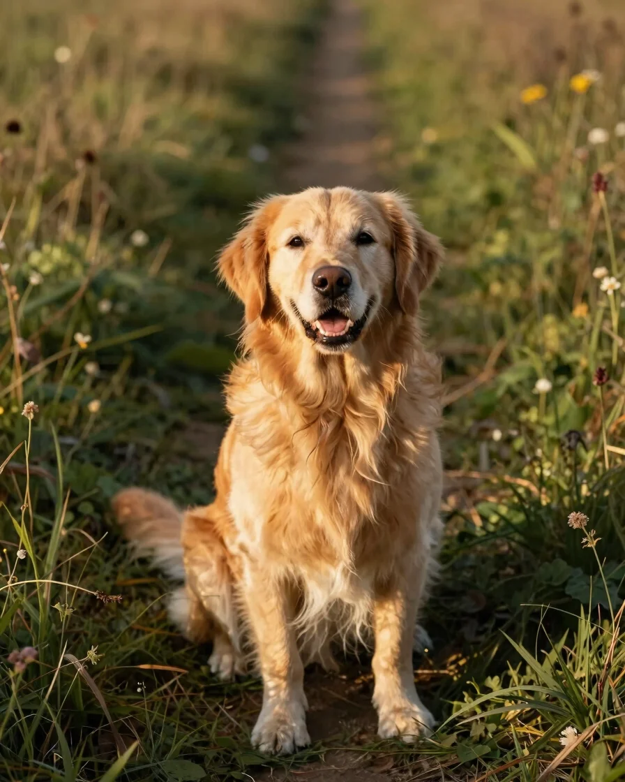 Golden retriever sitting proudly on a grassy trail during golden hour outdoor sunlight, shallow depth of field, warm can